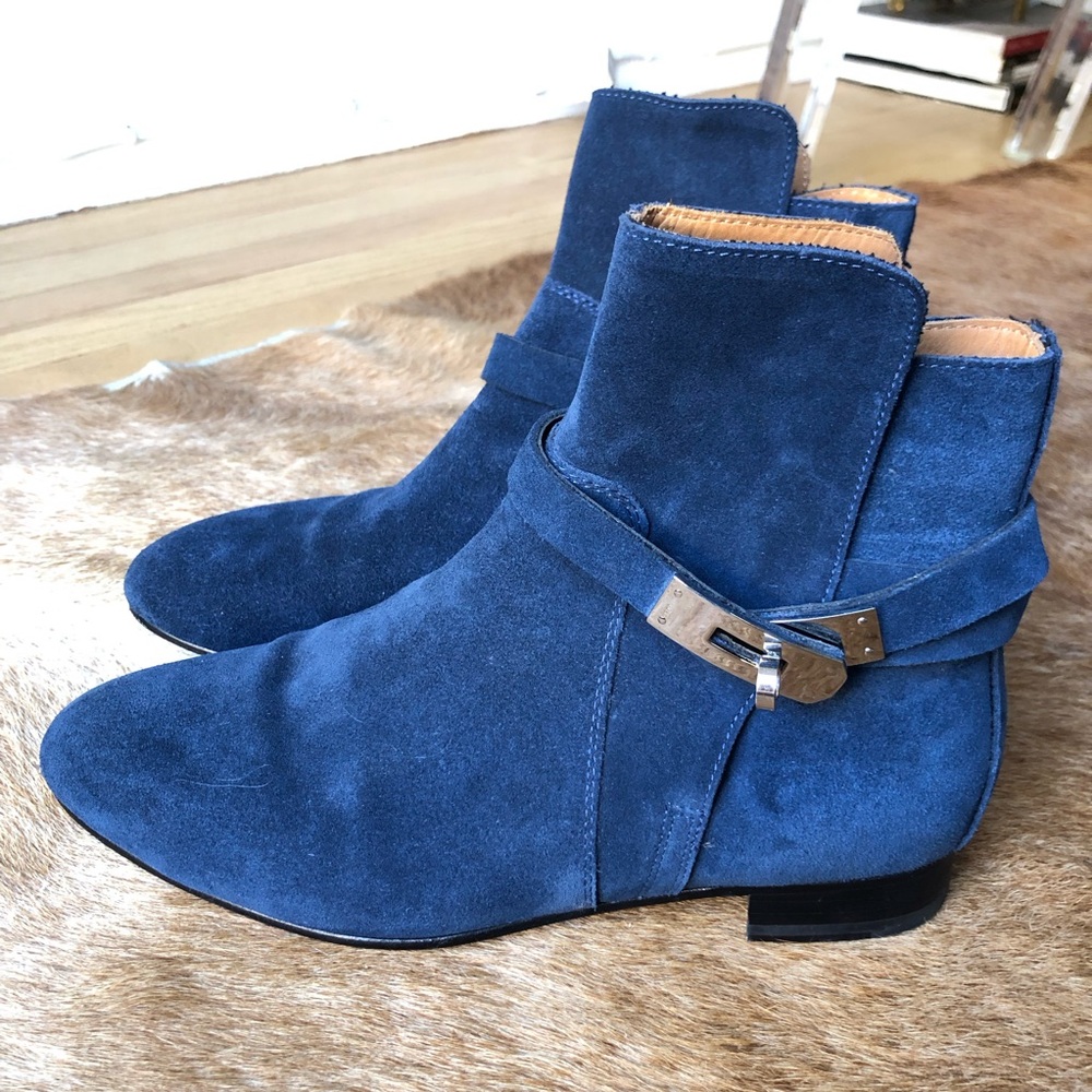 Hermes Blue Suede Ankle Boots with wrap around buckle size 38